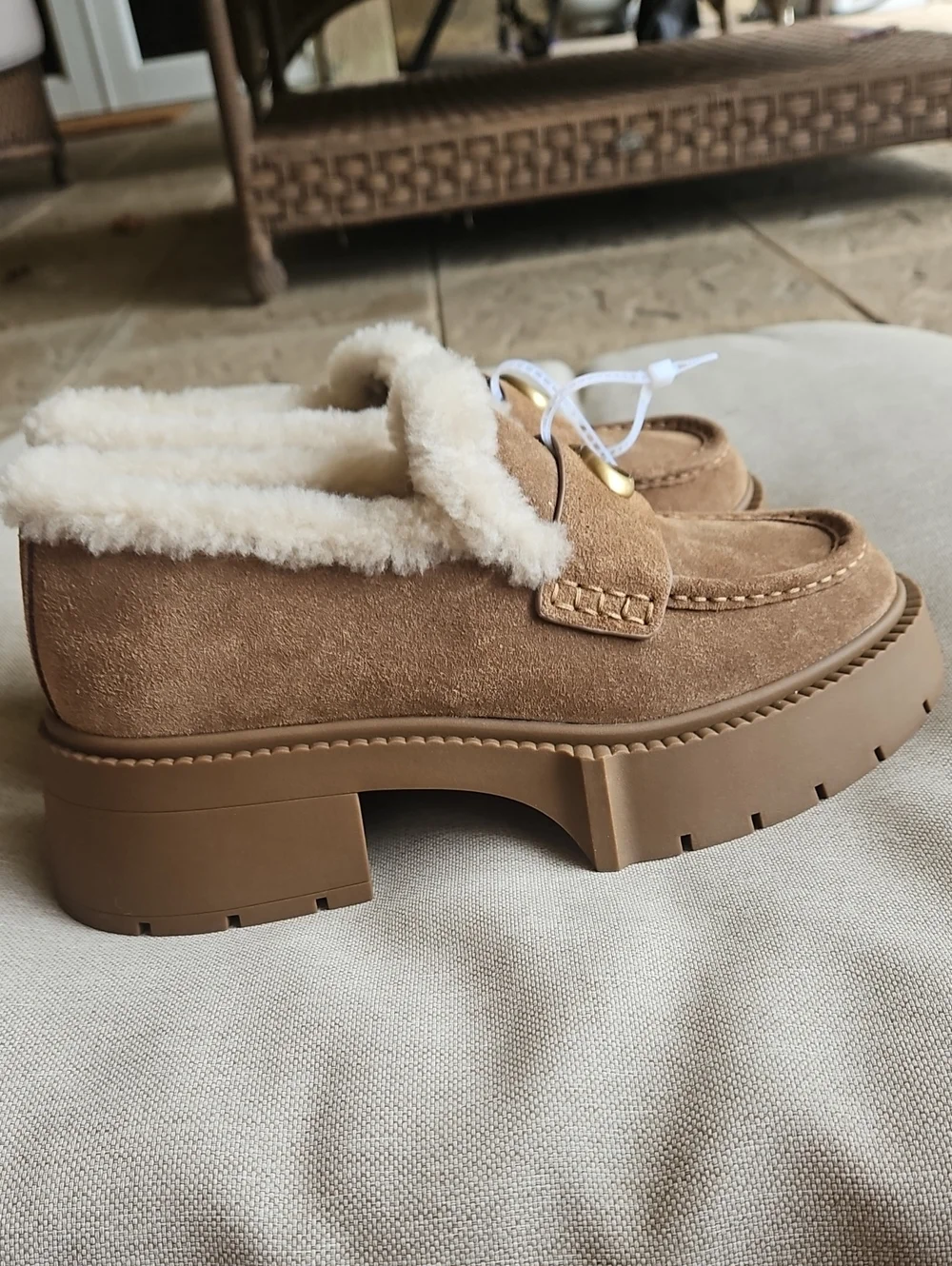 Coach Leah Platform Lug Sole Loafer Suede & Shearling Upper Coconut/Natural, 7